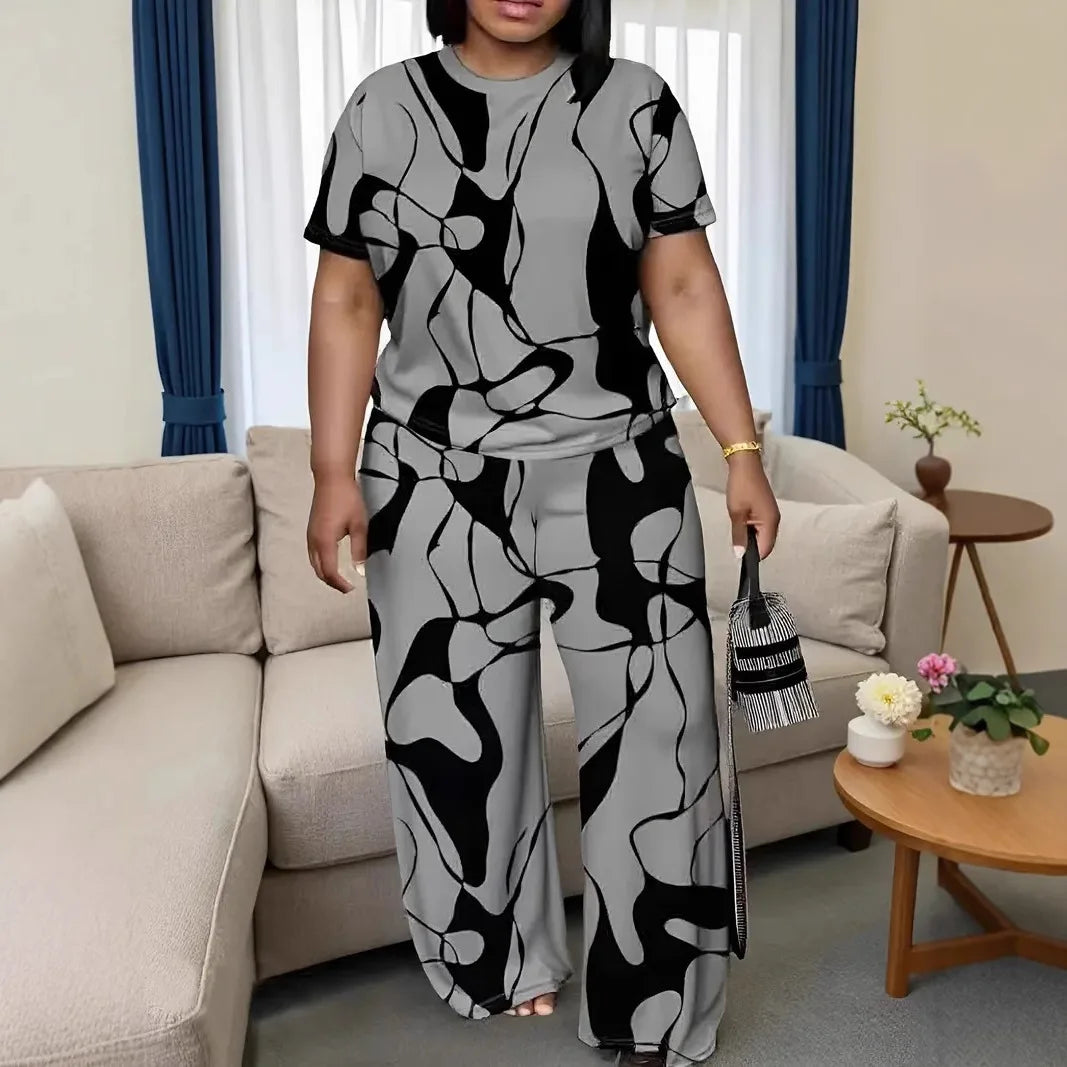 Conjuntos Femininos Summer Short-sleeved Fashion Print Suit Women's Round Neck Large Size T-shirt Wide-leg Trousers 2 Piece Suit