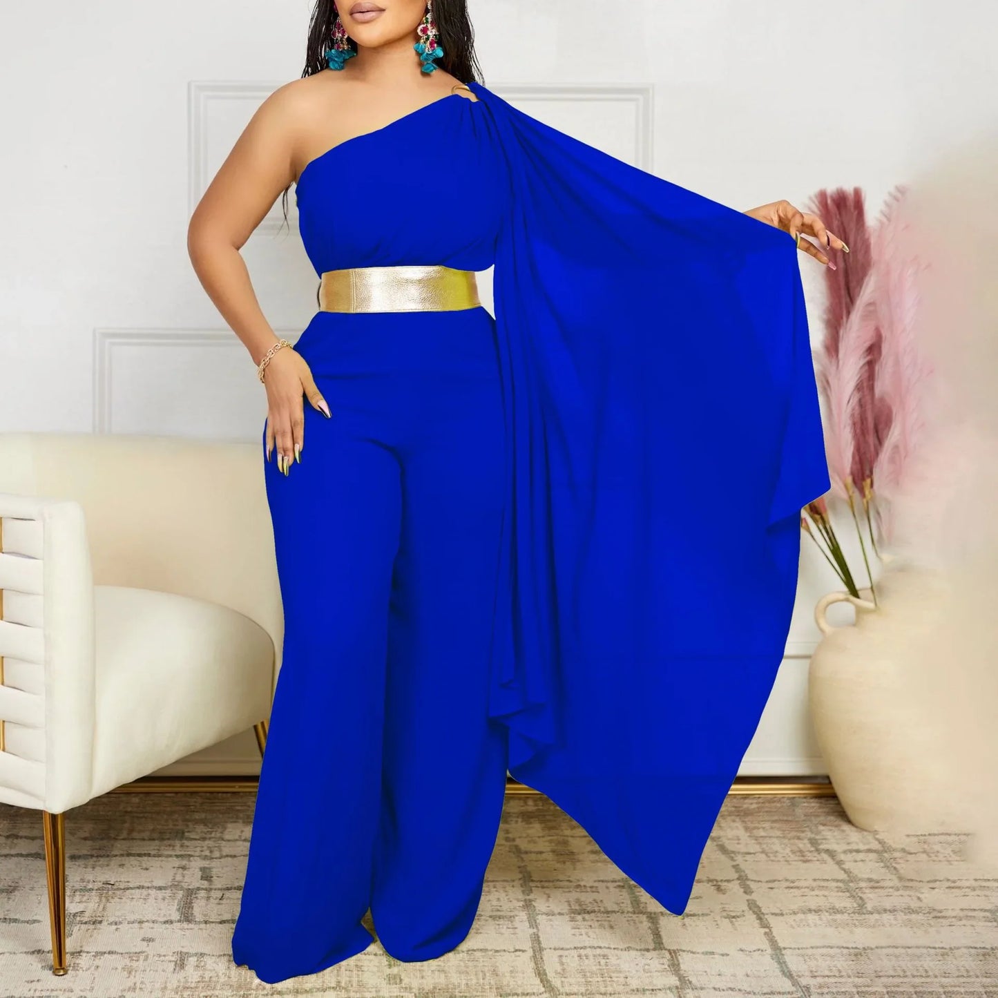 Elegant Jumpsuits & Rompers for Woman, One Shoulder Flying Sleeve High Waisted Luxury Dinner Outfits.