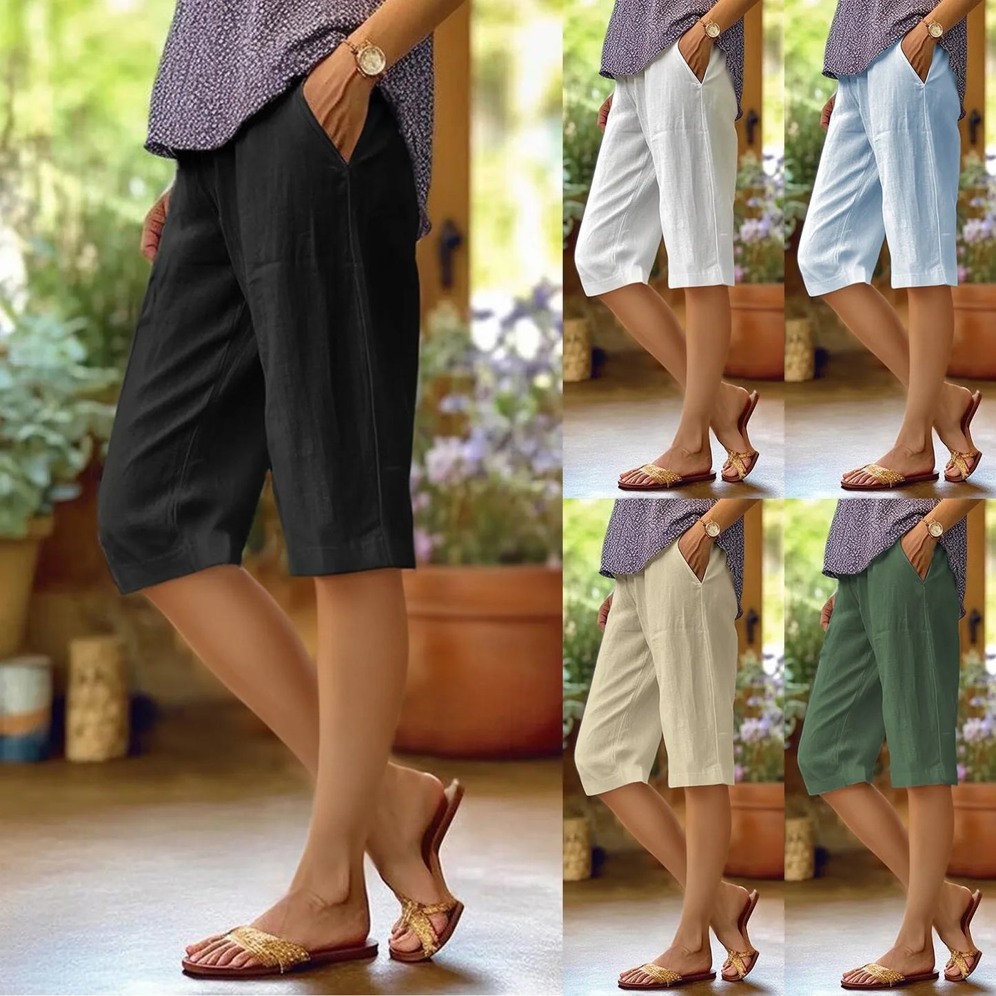 Outdoor Comfortable Beach Pants Womens Fashion Solid Large Pocket Elastic Casual Pants Pocket Capris Breathable Plus Size Pants