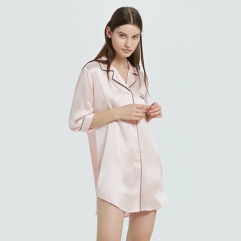 Silk Sexy Shirt Sleeping Dress Simple Solid Color Pijama Mujer Pijama Sexie Mujer Para Dormir Mulberry Silk Night Gown for Women
