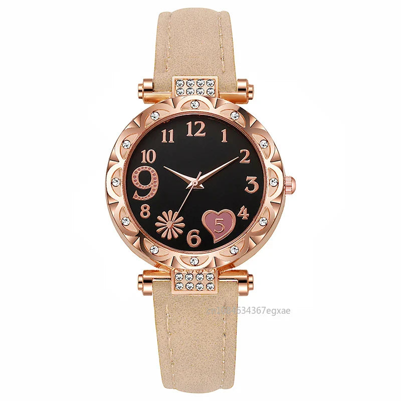 2/1PCS Fashion Heart Dial Women's Watches Luxury Leather Band Quartz Watch Rhinestone Bracelet Set Female Relogio Feminino