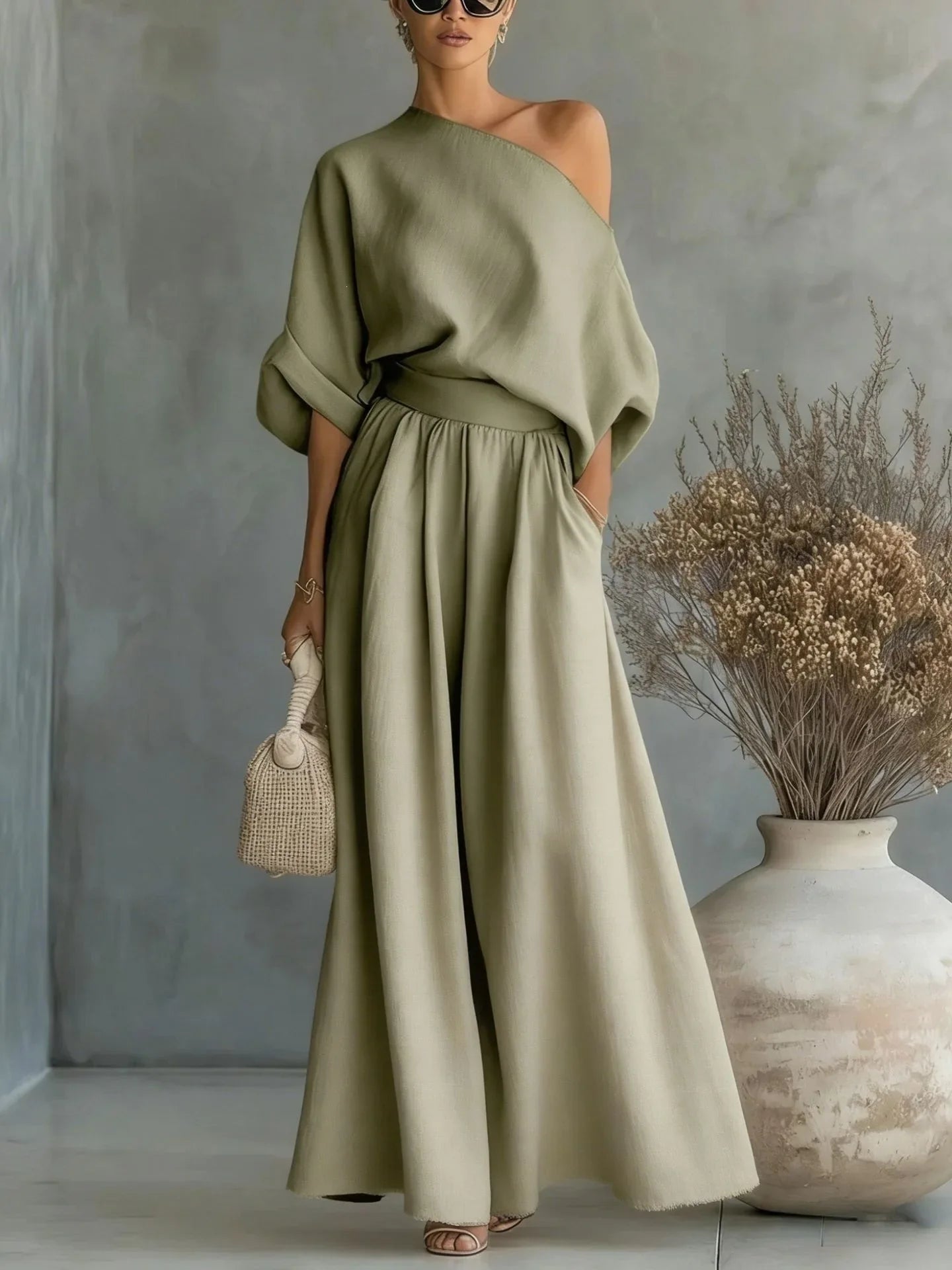 2026 Elegant Two-piece Short Sleeve Top & Casual Pants Set Woman Sexy Slash Neck Solid Suit Outfit Spring Fall Female Clothing