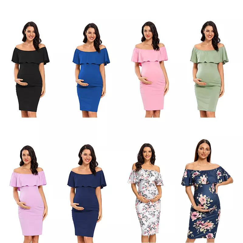 Liu&Qu Women's Maternity Dress Off Shoulder Ruffle Sleeveless Bodycon Dress Elegant Ruched Sides Bodycon Dresses for Baby Shower