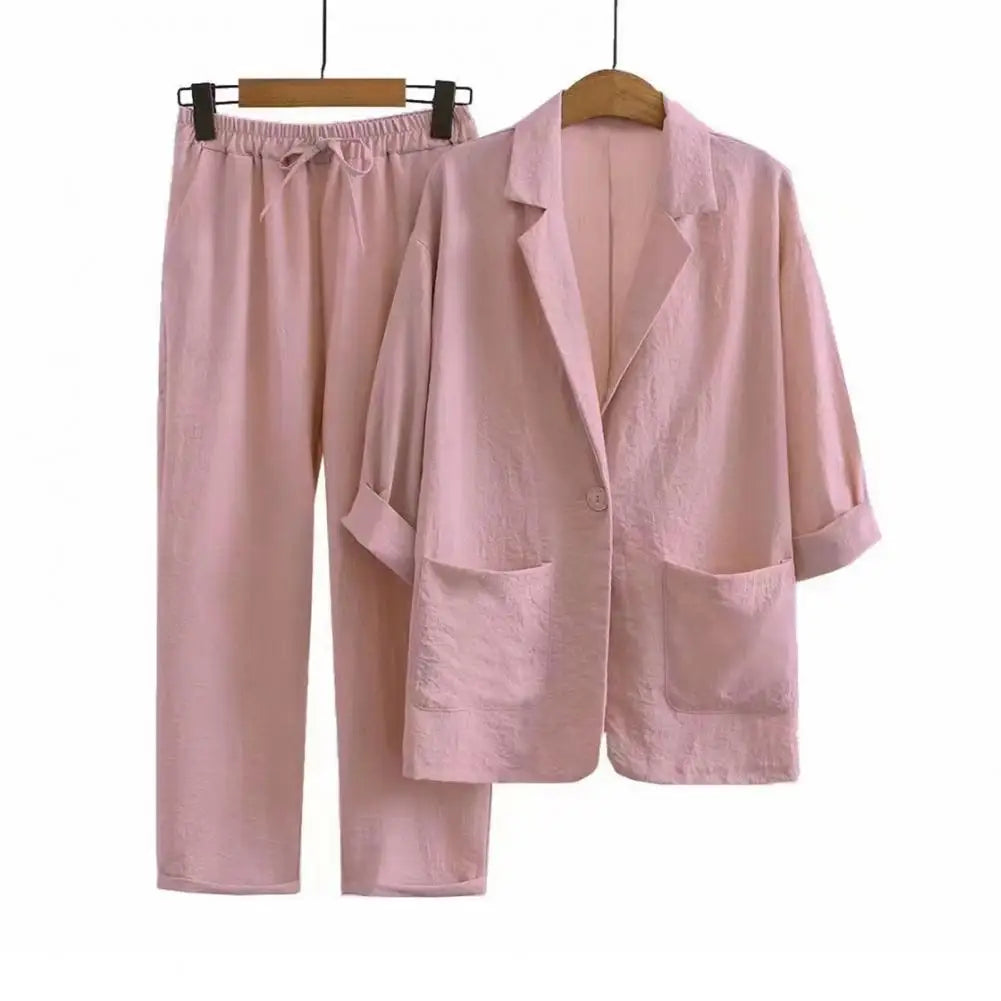 Women's cotton and linen 2-piece suit jacket trousers Spring and autumn loose fashion casual cotton and linen suit top set