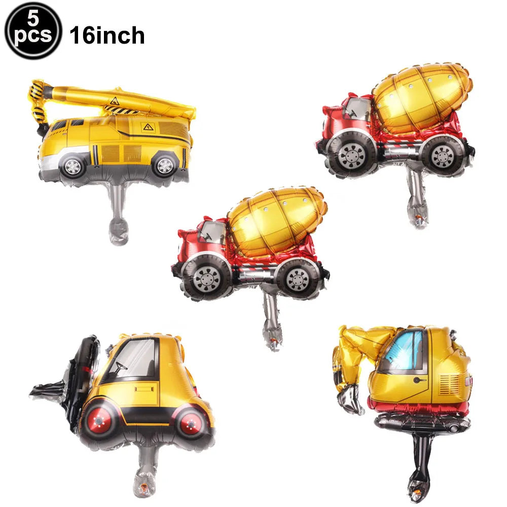 5pcs Construction Themed Balloon Carton Vehicle Balloon Excavator Forklift Crane Balloons for Boy's Construction Birthday Party