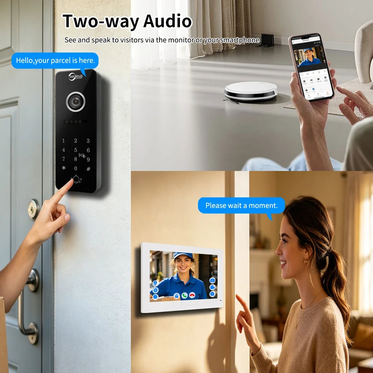 ANJIELO 4‑Wire Tuya Smart Video Door Phone Intercom System PIR Motion Detect Two‑Way Audio Password Unlock Home Villa Security