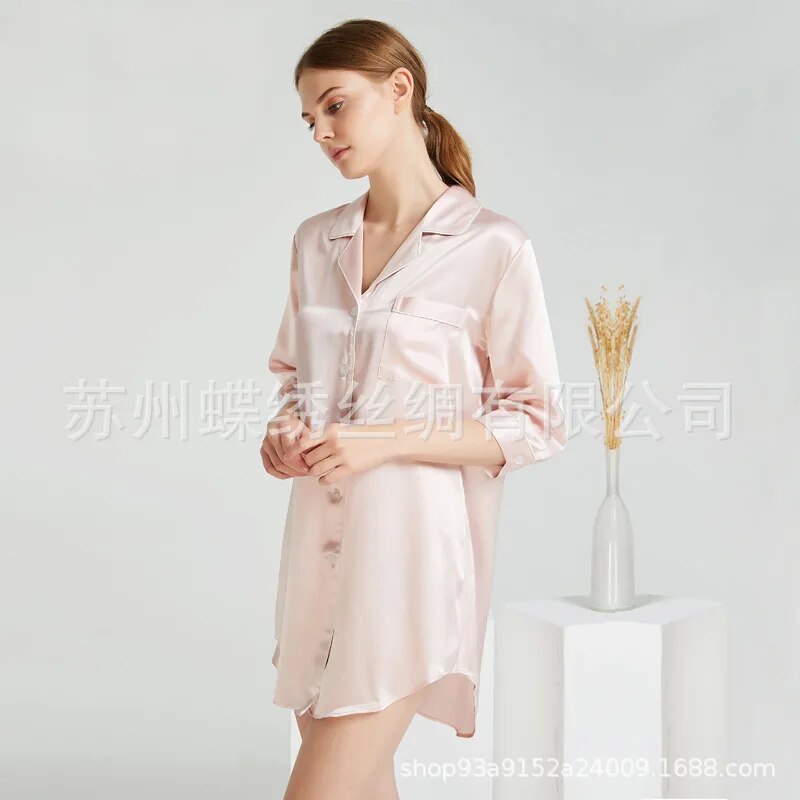 Silk Sexy Shirt Sleeping Dress Simple Solid Color Pijama Mujer Pijama Sexie Mujer Para Dormir Mulberry Silk Night Gown for Women