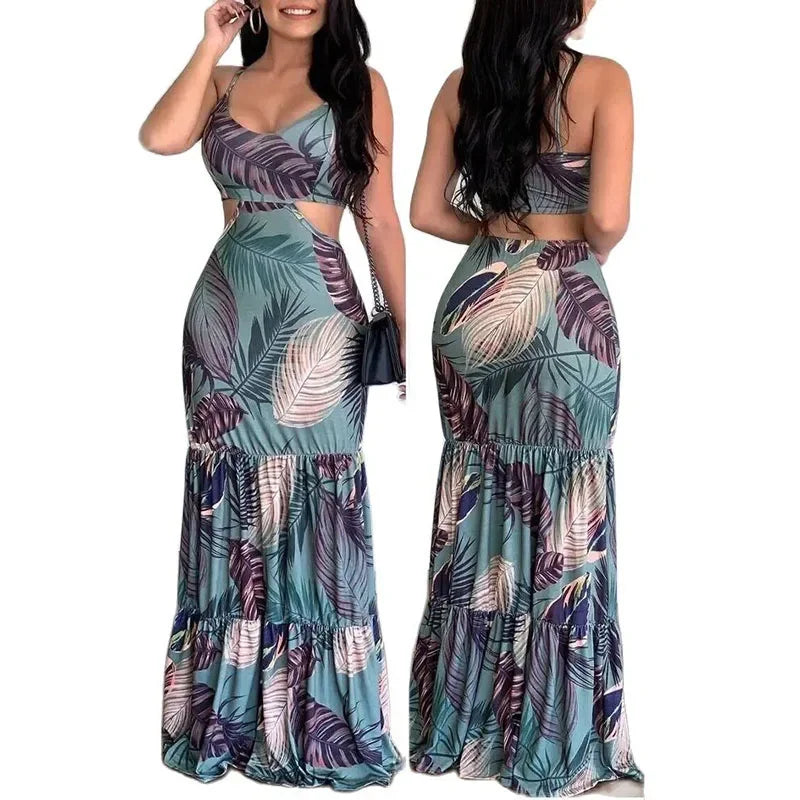Women's Summer New Elegant Print Fashion Floral Sexy Backless Boho Maxi Ruffle Hollow Out Long Slim Beach Suspender Sheath Dress