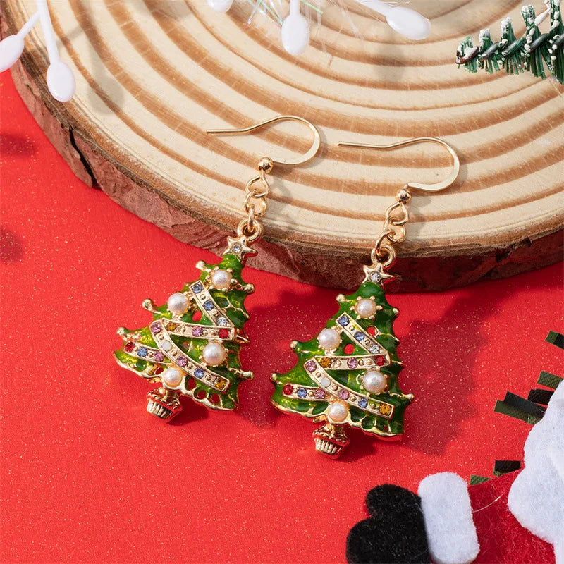 2023 New Zircon Christmas Tree Earrings for Women Shiny Rhinestone Star Pearl Stud Earring New Year Xmas Festival Ear Jewelry