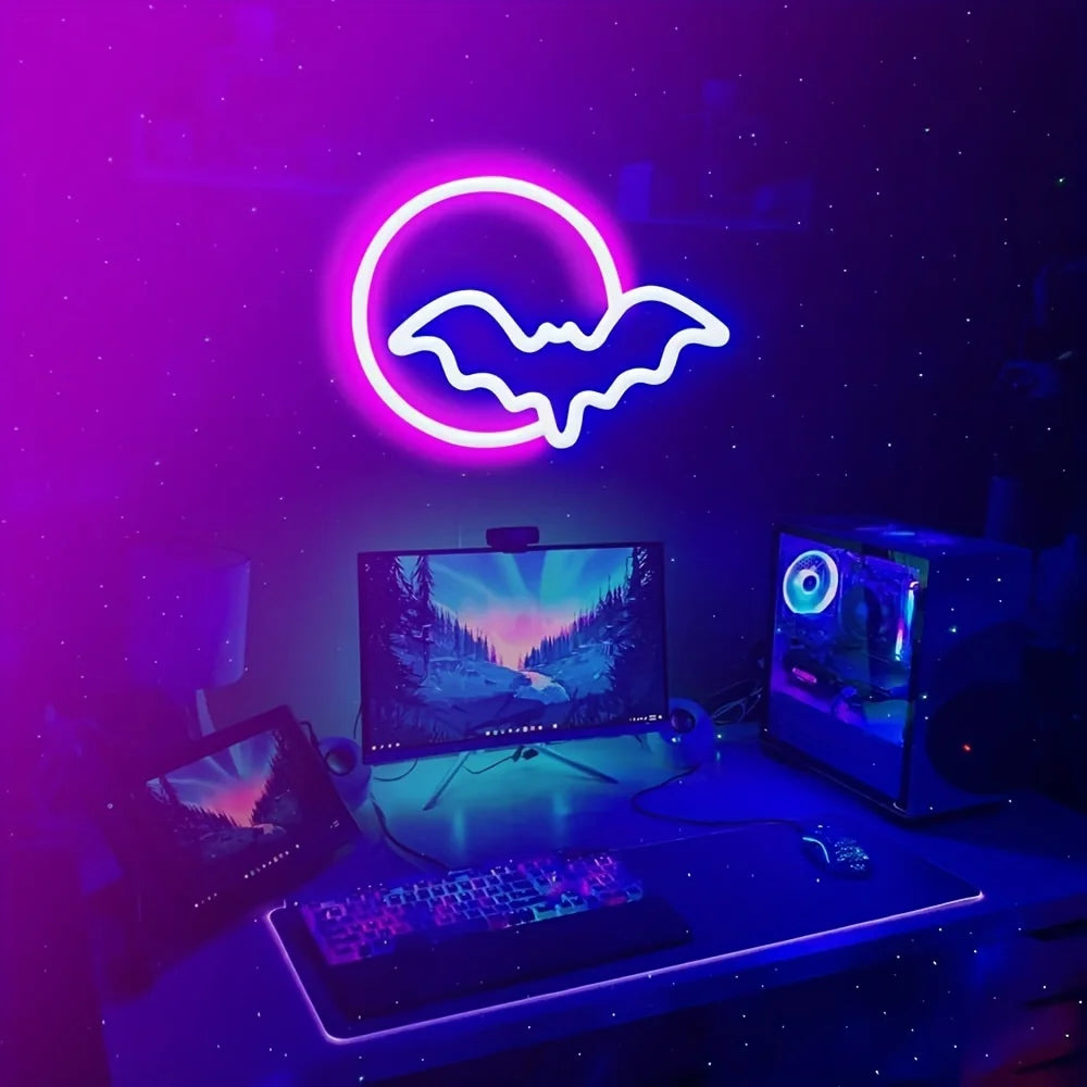 Halloween Neon Sign Moon and Bat, USB/Battery Powered, Bar, Living Room, Home, Party Decorative Lights