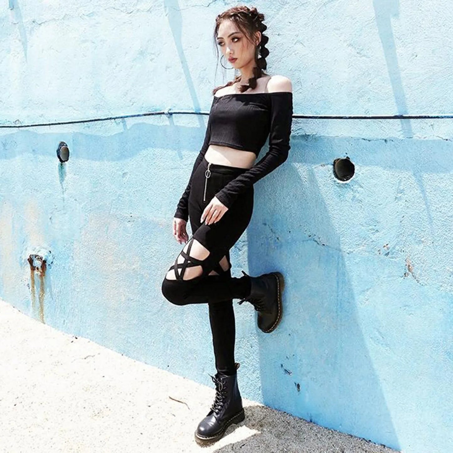 Spring Summer Women Gothic Punk Pants Female Sexy Elastic Stretch Zipper Hollow Out Skinny Pencil Pant Women Tight Trouser 2024