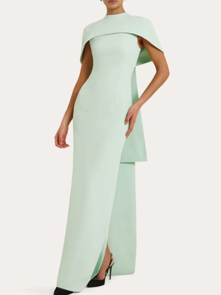 DEAT Women Fashion Evening Dress Cape Collar Patchwork High Waist Slim Solid Color Elegant Party Dresses Summer 2024 New 13DL26