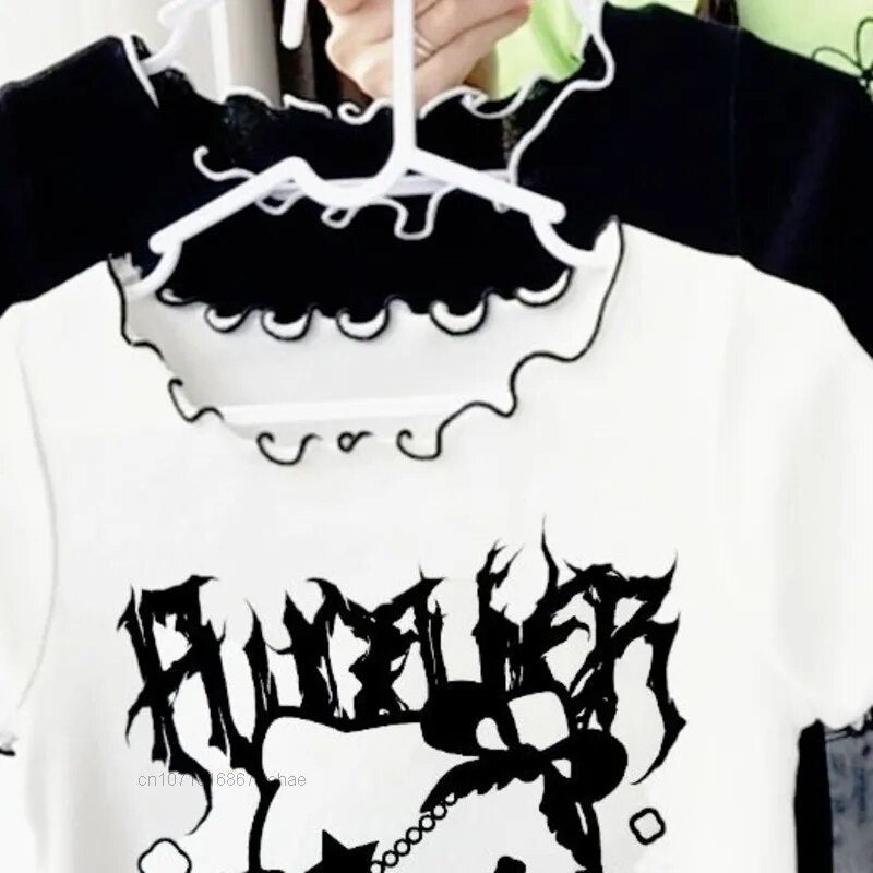 Sanrio Hello Kitty Goth Punk Trend Women Crop Tops Y2k Vintage Fashion Korean Cartoon Tees Black White Loose Girl T-shirt Tops