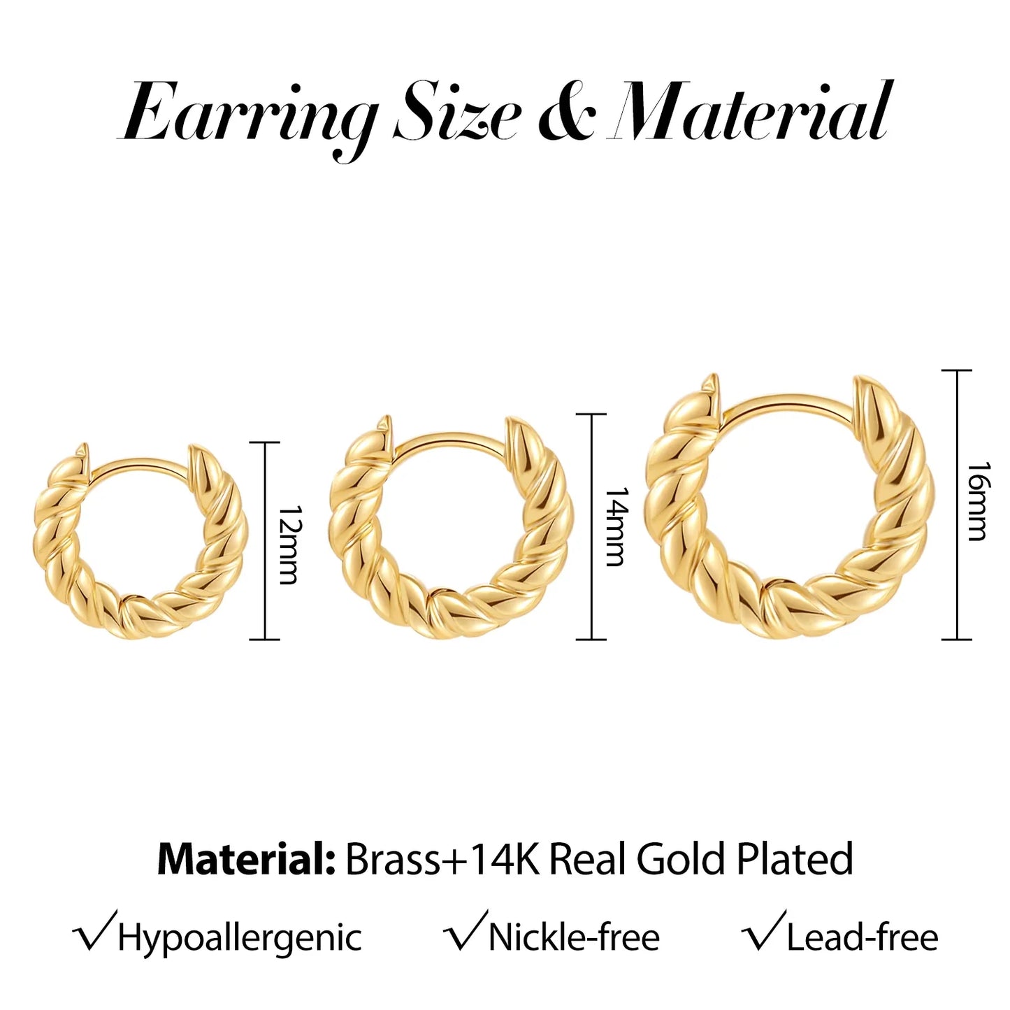 New Trendy Stackable Cartilage Twisted Huggie Ear Buckle Gold Color Circle Hoop Earrings for Women Creative Jewelry 12/14/16mm