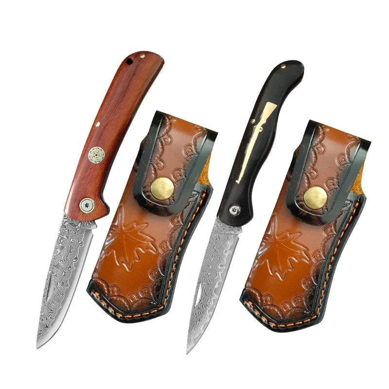 Super Sharp Damascus VG10 Steel Pocket Knife Folding Blade Wooden Handle Kitchen Fruit Meat Vegetable Cutting Knife Holiday Gift