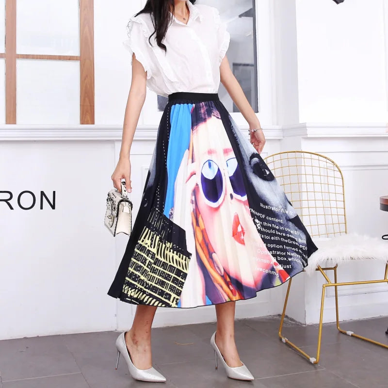 2023 Summer Women Cartoon Print Pleated Skirts A Line High Waisted Elastic Midi Long Skirt Ladies Party Korean Style Dresses