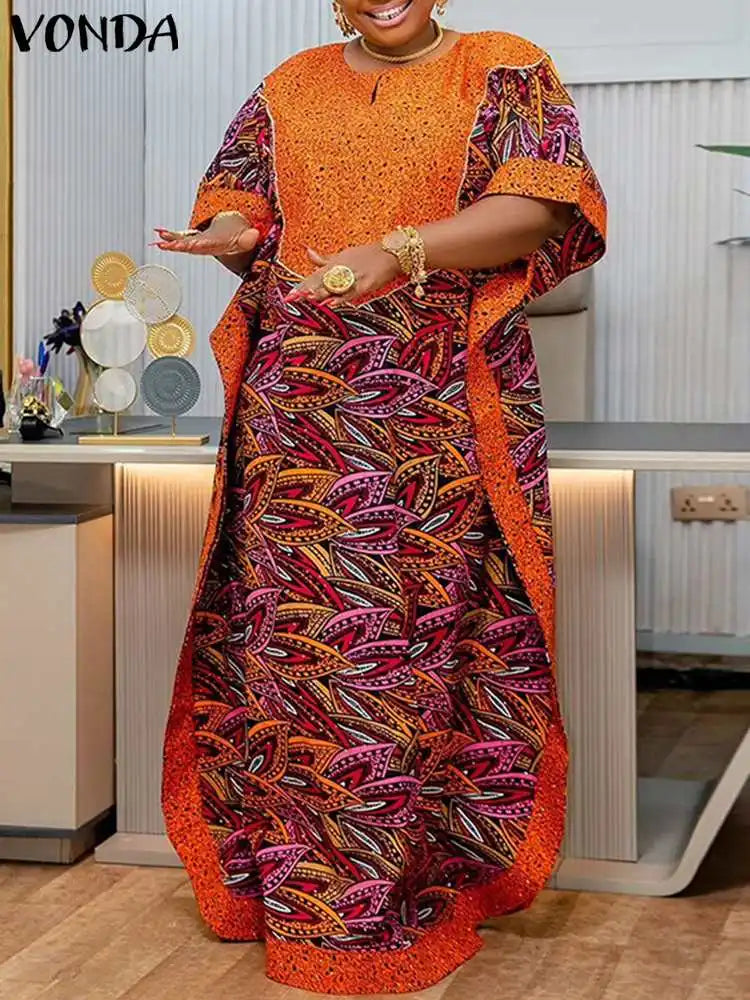 VONDA Bohemian Women Printed Maxi Sundress 2024 Summer Half Sleeve Casual Loose Long Dress Oversized Kaftan Holiday Vestidos