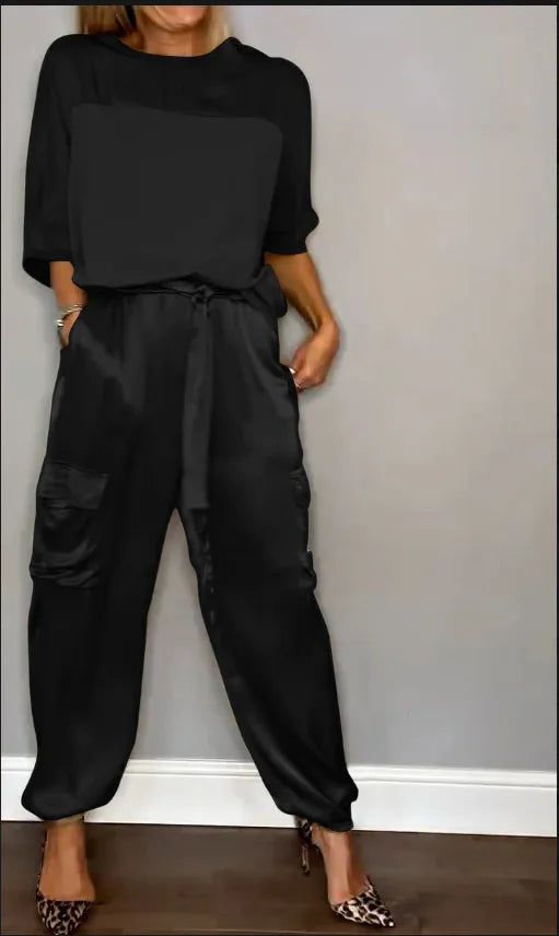 Elegant Satin Two Piece Set Women Outfits Spring Summer Casual Solid O Neck Shirt Long Pants Tracksuit Fashion Female Loose Suit