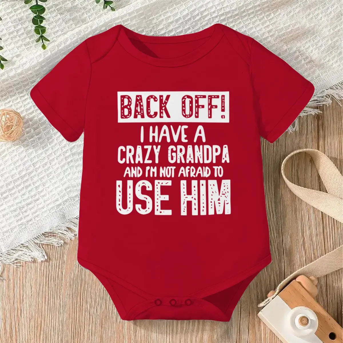 Cute Cotton Baby Bodysuit with "Back Off! I Have A Crazy Grandpa" Print Short Sleeve Baby Girl Boy Jumpsuit Kids Cotton Clothes