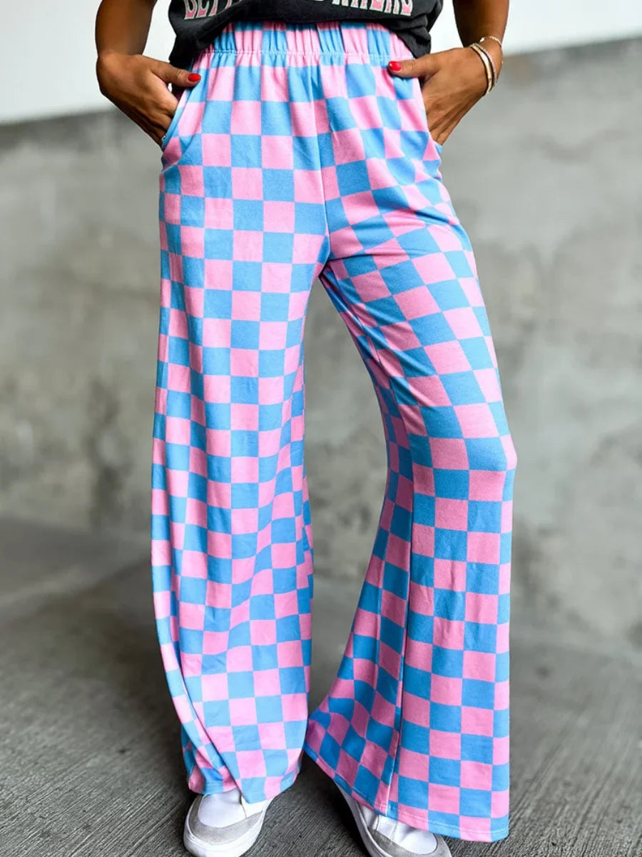 Womens Checkered Wide Leg Pants High Elastic Waisted Straight Loose Fitted LoungeTrouser Y2k Korean Streetwear