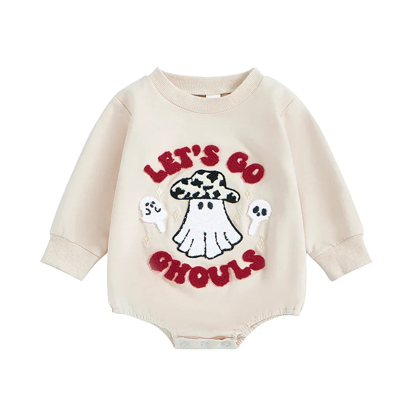 0-12M Baby Girls Halloween Rompers Letter Ghost Embroidered Patchwork Long Sleeve Round Neck Fall Cotton Bodysuits Jumpsuits