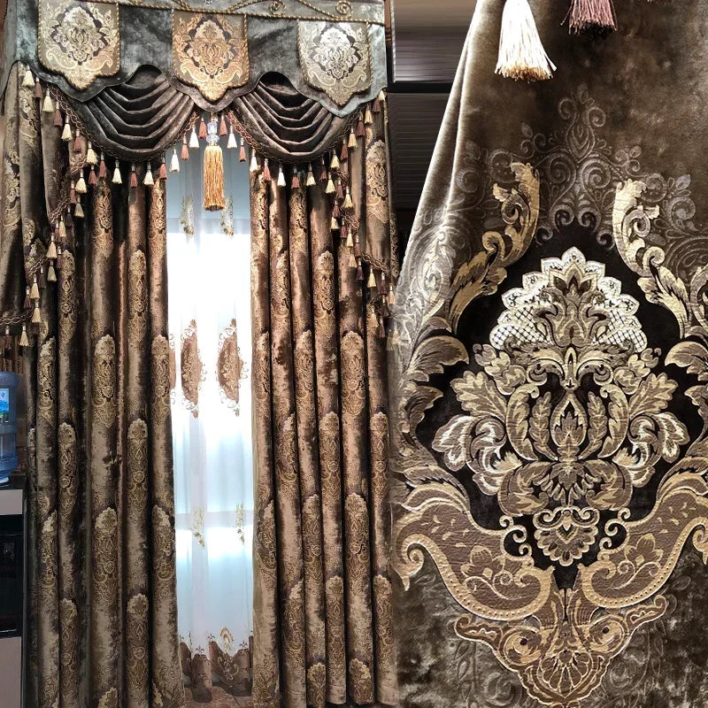 Curtains for Living Room, Dining, Bedroom, High Window Luxury Print Velvet Carved Gold