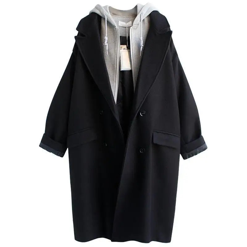 Wool Blends Coats Women Spliced Fake Two Piece Hooded Clothes Design Korean Fashion Preppy College Girlish Elegant Ladies Casual