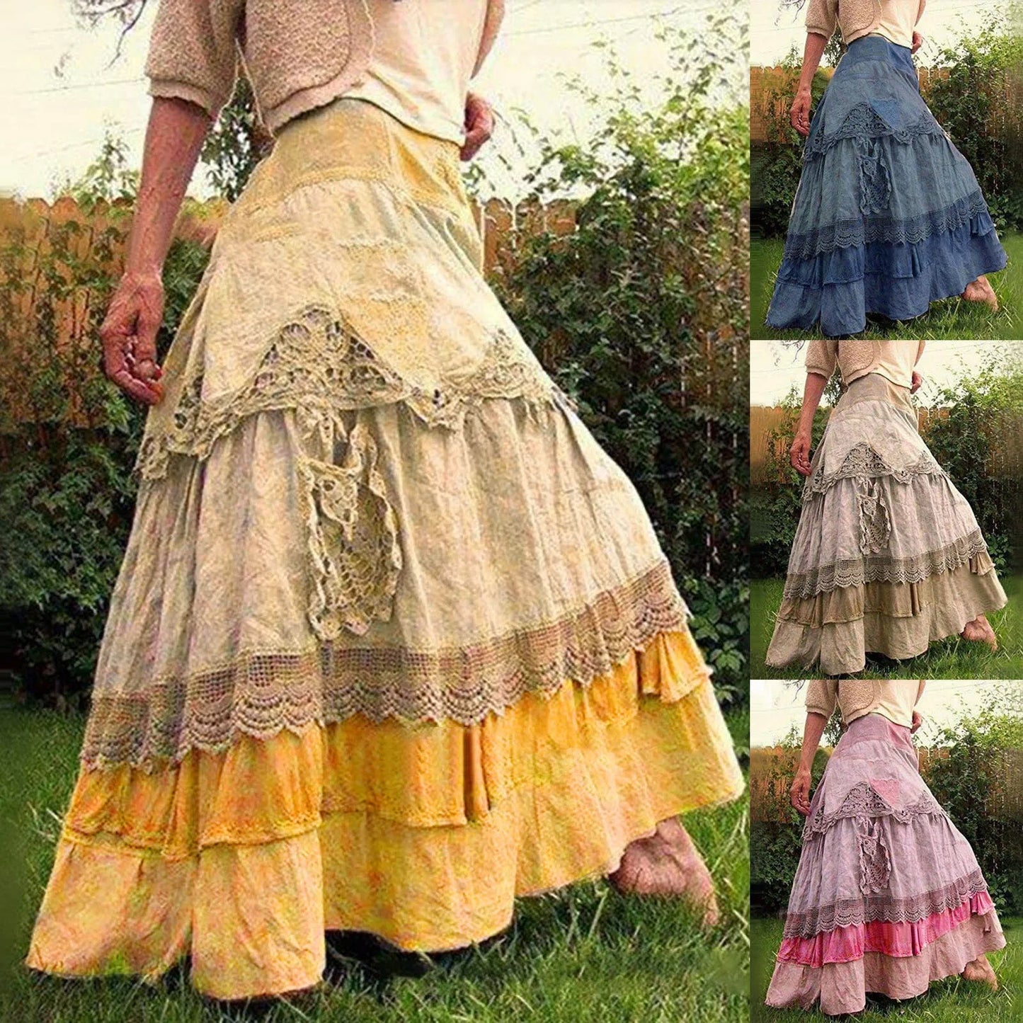 2025 Summer Long Skirt Ladies Boho Tiered Lace Maxi Skirts For Women Vintage A-Line Large Hem Skirts Faldas Para Mujeres