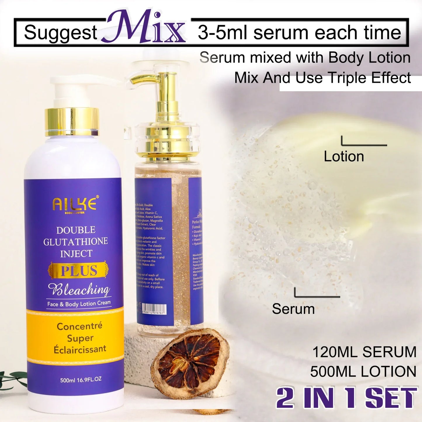 AILKE Double Glutathione Plus Moisturizing Hydrating Body & Skin Whiten Lotion, Bleaching Lotion for Women & Men With Pump