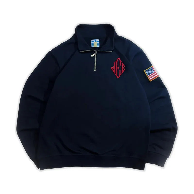 Y2K Retro Quarter zip Pullover Hoodie, Epstein Embroidery Pattern Sweatshirt, American Vintage Casual Streetwear.