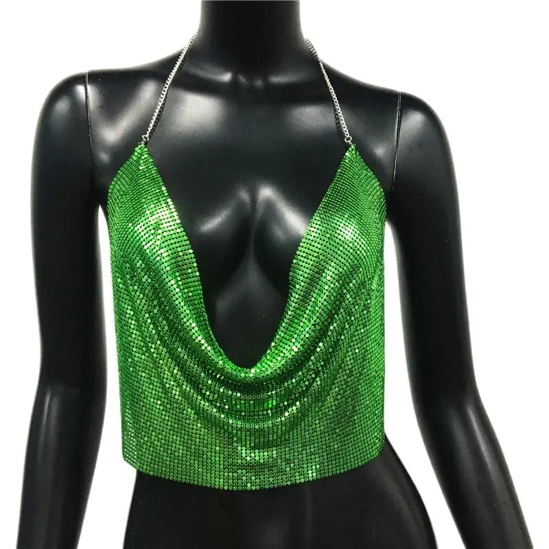 AKYZO Women 2023 Sexy Metal Sequined Tank Camis Summer Gold Silver Backless Cropped Glitter Beach Club Show Wear Tank Tops
