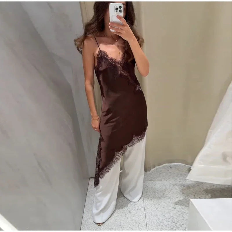 Brown Satin Sexy Lace Spliced Short Sling Dress Women V-neck Sleeveless Backless Asymmetric Party Dresses 2025 Summer Lady Robes
