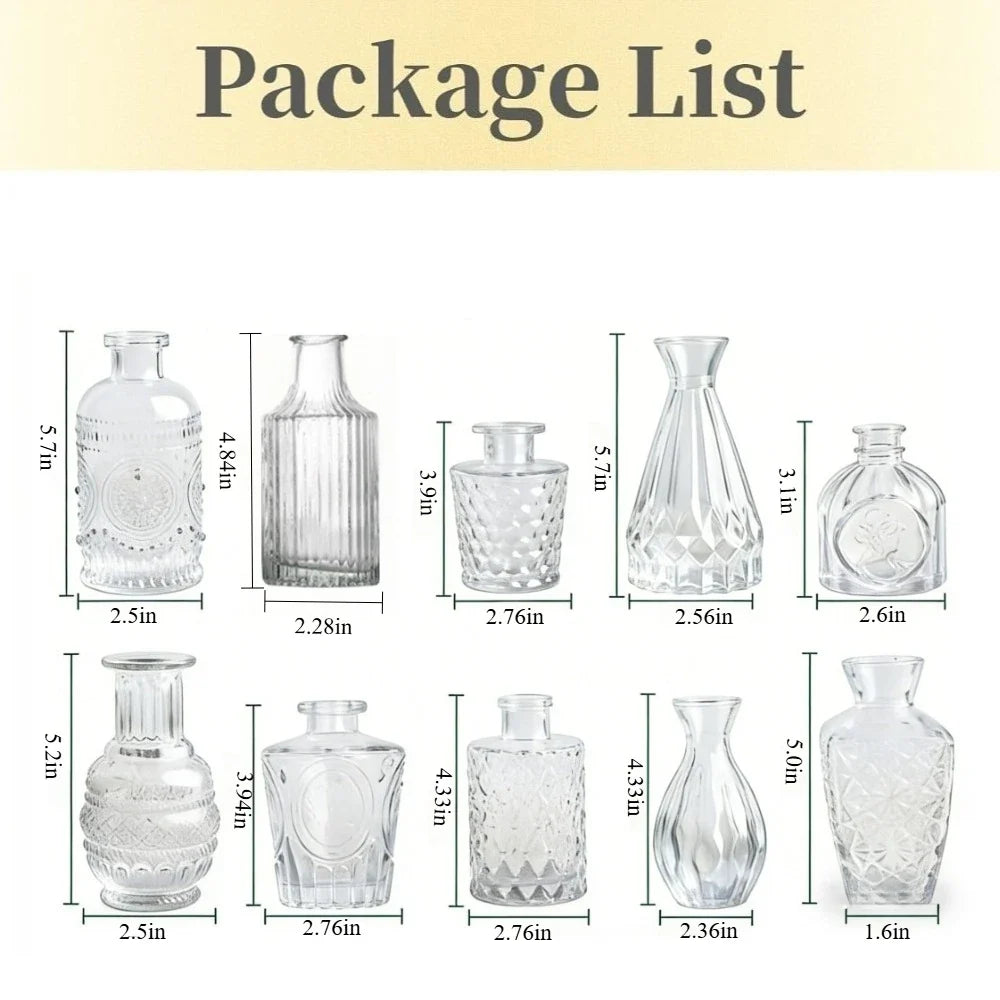 10/20Pcs Mini Glass Vase Modern Clear Hydroponic Flower Vase Retro Relief European Home Desktop Scene Wedding Party Decoration
