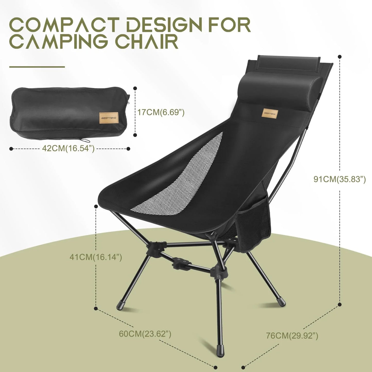 WESTTUNE Outdoor Folding Chairs with Headrest and Storage Bag Lightweight Chair for Outside Camping Hiking Travel Beach Sports