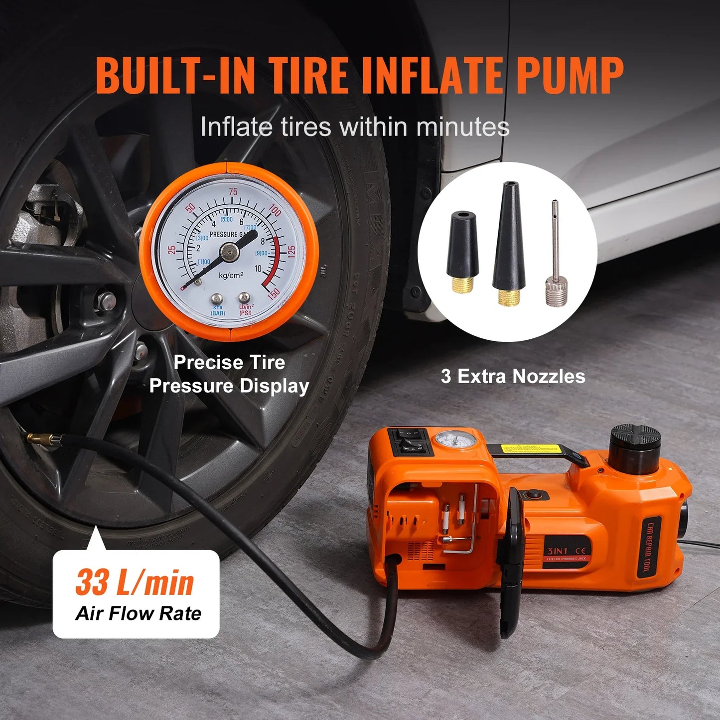 5T Electric Car Jack, Hydraulic Car Jack with Built-in Inflatable Pump LED.