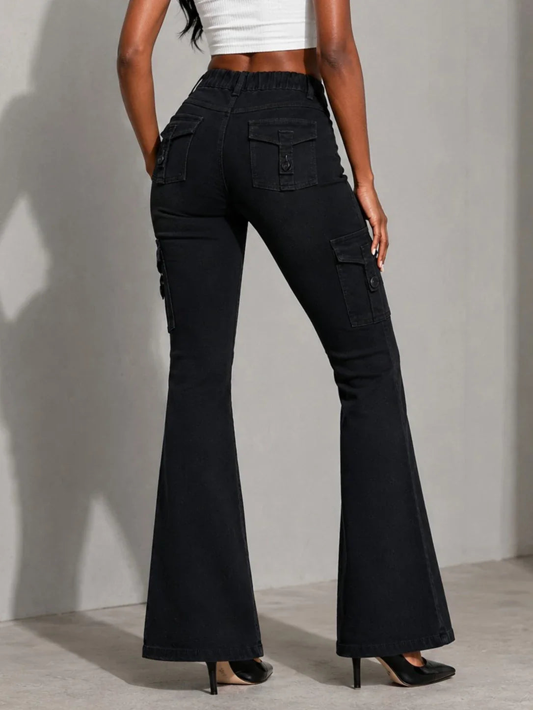 Women's High-quality Stretch Vintage Washed Cargo Flare Jeans, Y2K Style, Casual and Versatile, Suitable for All Seasons