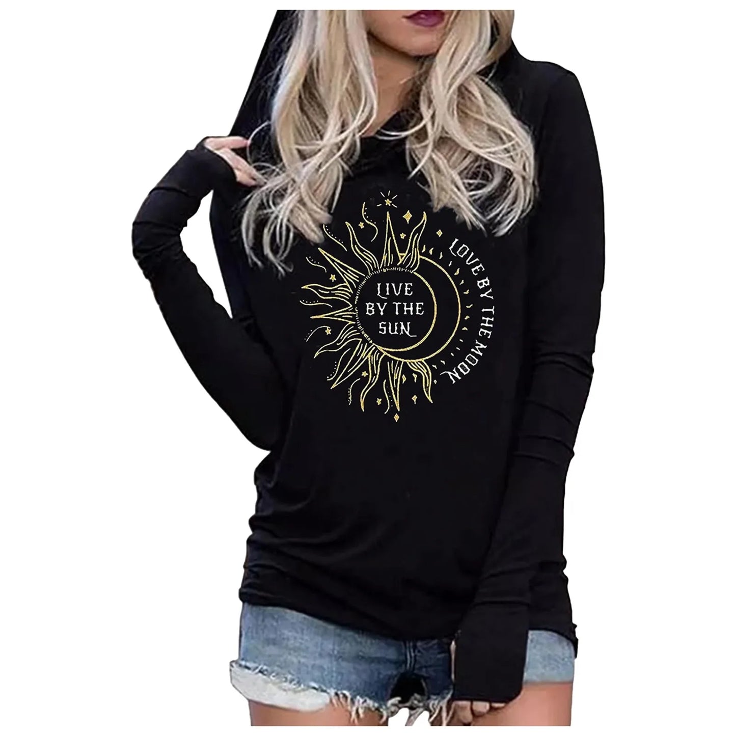 Halloween Graphic Long Sleeve Hooded T-Shirt Black Gothic Classic Vintage T-Shirt Moon Bat Tombstone Print Casual Y2k Clothes