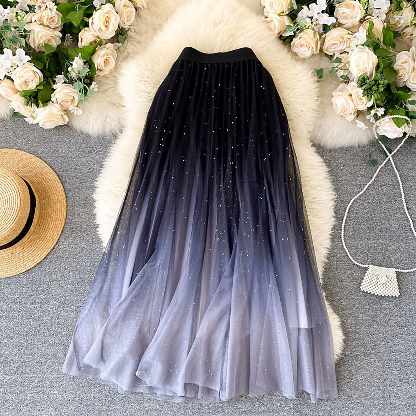 Skirts for Women Short Women's Fairy Tulle SKIRT Starry Sky Gradient Color Mesh Skirt High Waist A Line Pleated Skirt Plaid