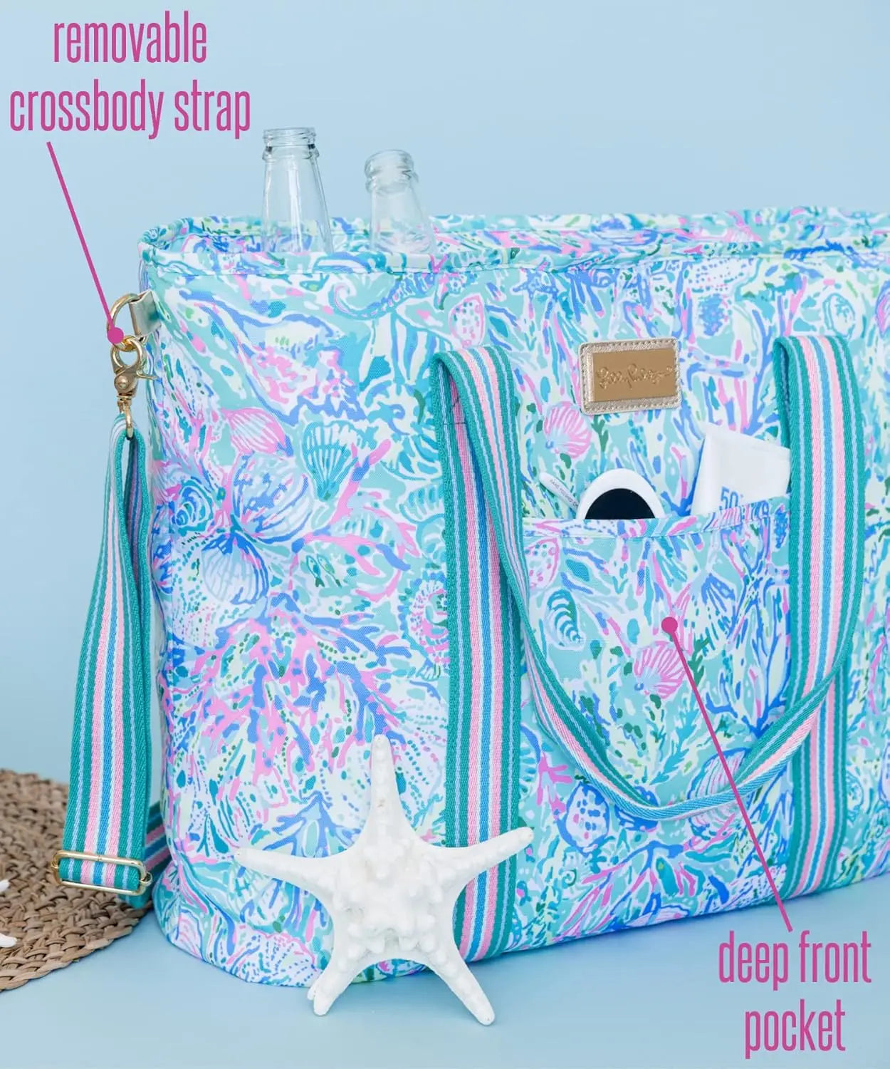 Lilly Pulitzer Picnic And Beach Cooler, Insulated Cooler Bag With Adjustable Shoulder Strap And Zippered Top, Large Soft Cooler