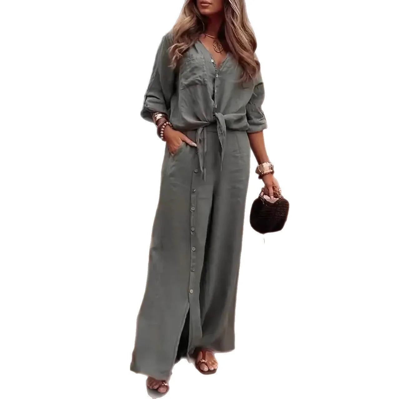 2026 New Fashion Casual Irregular Two-piece Sets Loose Short-sleeved Mid-sleeve Shirt Blouse Button-down Wide-leg Pants Suits
