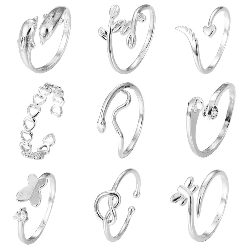 Cute Vintage Heart Toe Rings Opening Hollow Out Butterfly Foot Ring Set Bohemian Overlay Crystal Finger Ring Girls