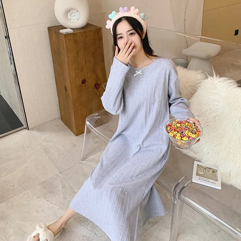 Modal Chic Long Knitted Women Home Dress O Neck New Autumn Winter Solid Kawaii Fashion Night Gown Woman Nightgown for Girls