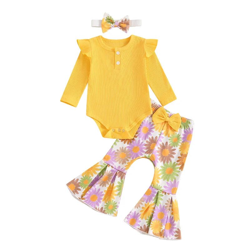Newborn Baby Girl Clothes Rib Frill Long Sleeve Romper Daisy Flared Pants Headband Set 3pcs Fall Winter Outfits