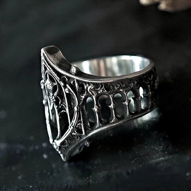 Vintage Antique Silver Gothic Hollow Wide Band Ring Dark Punk Openwork Architecture Carved Finger Ring Retro Hip Hop Biker Aesthetic Statement Jewelry Gift