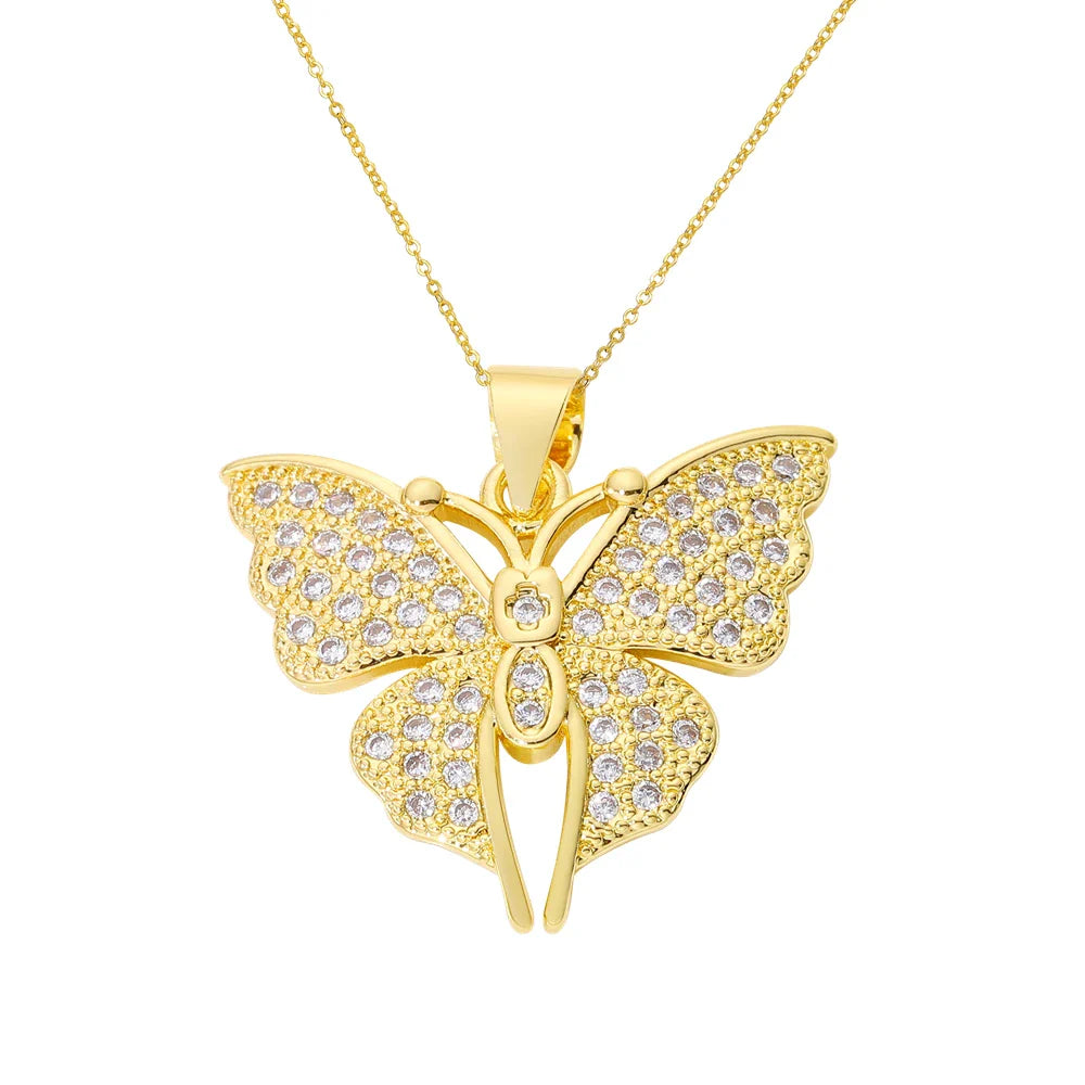 Juya 18K Real Gold Plated Micro Pave Zircon Butterfly Horse Bees Cat Leopard Pendant Necklace For Women Birthday Christmas Gift