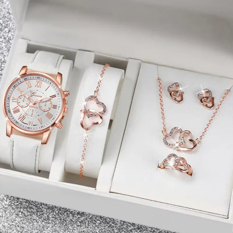 Fashion Women's Quartz Watch Leather Band Analog Wrist Watches Heart Rhinestone Jewelry Set(With Exquisite Gift Box)