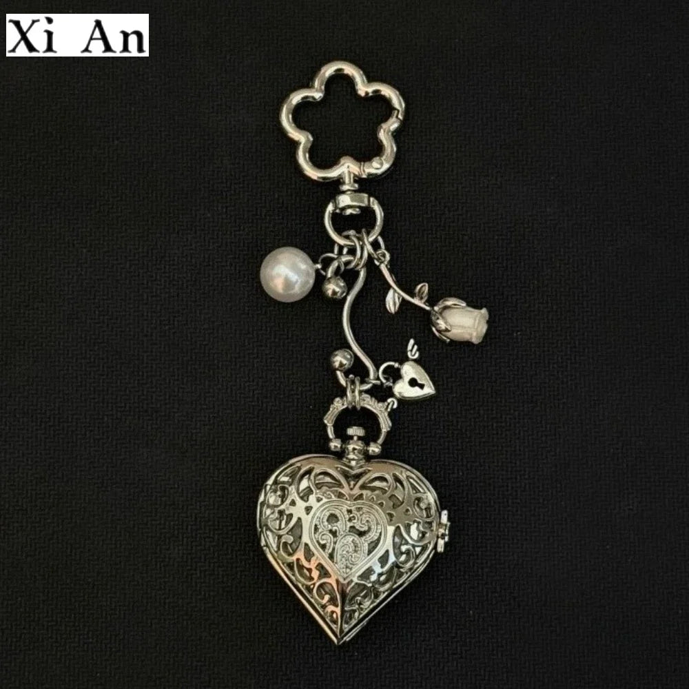 Original Hollow Heart Pocket Watch Chain Keychain Design Steampunk Clock Vintage Necklace Pendant Jewelry Watch Men Women Gift
