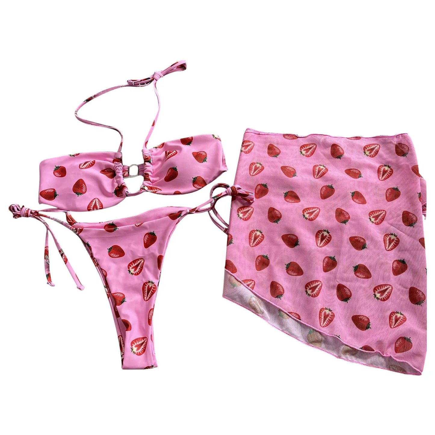 Mesh Strawberry Cute Bikini Set Swimwear Drawstring Lace Up Swimsuit Beach Split Body Swimsuit For Women купальник женский