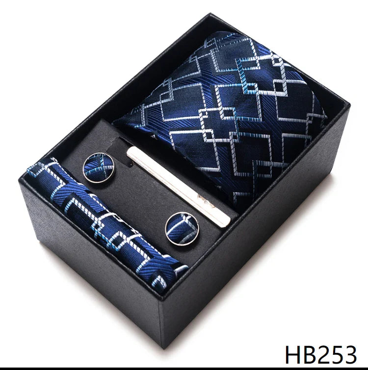 8 cm Wide Tie Sets Blue Solid Men's Neck Tie Handkerchief Cufflinks Clip Gift Silk Handmade