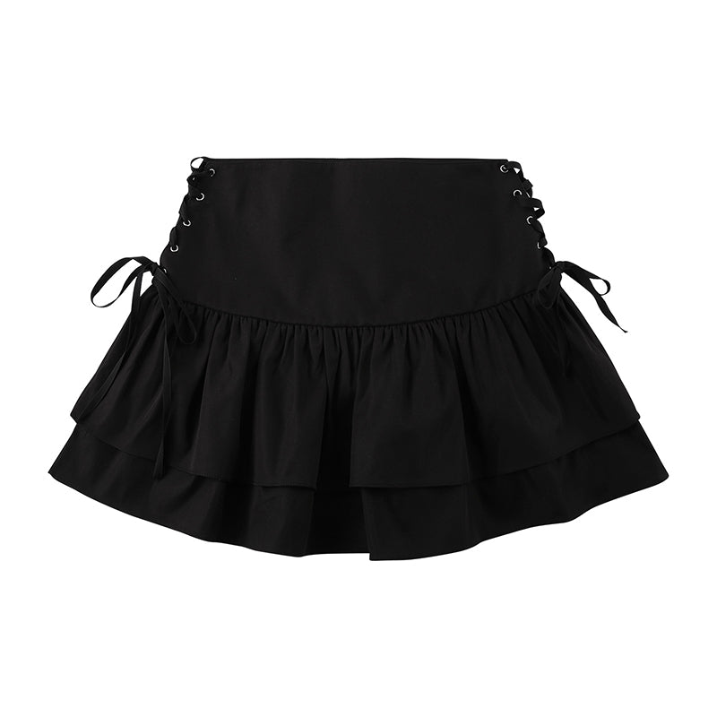 Women s Pleated High Waist Mini Skirt Solid Color Ruffle A-Line Skirt with Criss Cross Tie Up Detail